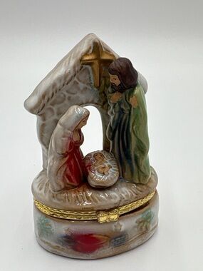 Nativity Trinket Box Holy Family Porcelain Hinged Christmas Keepsake Box 4"